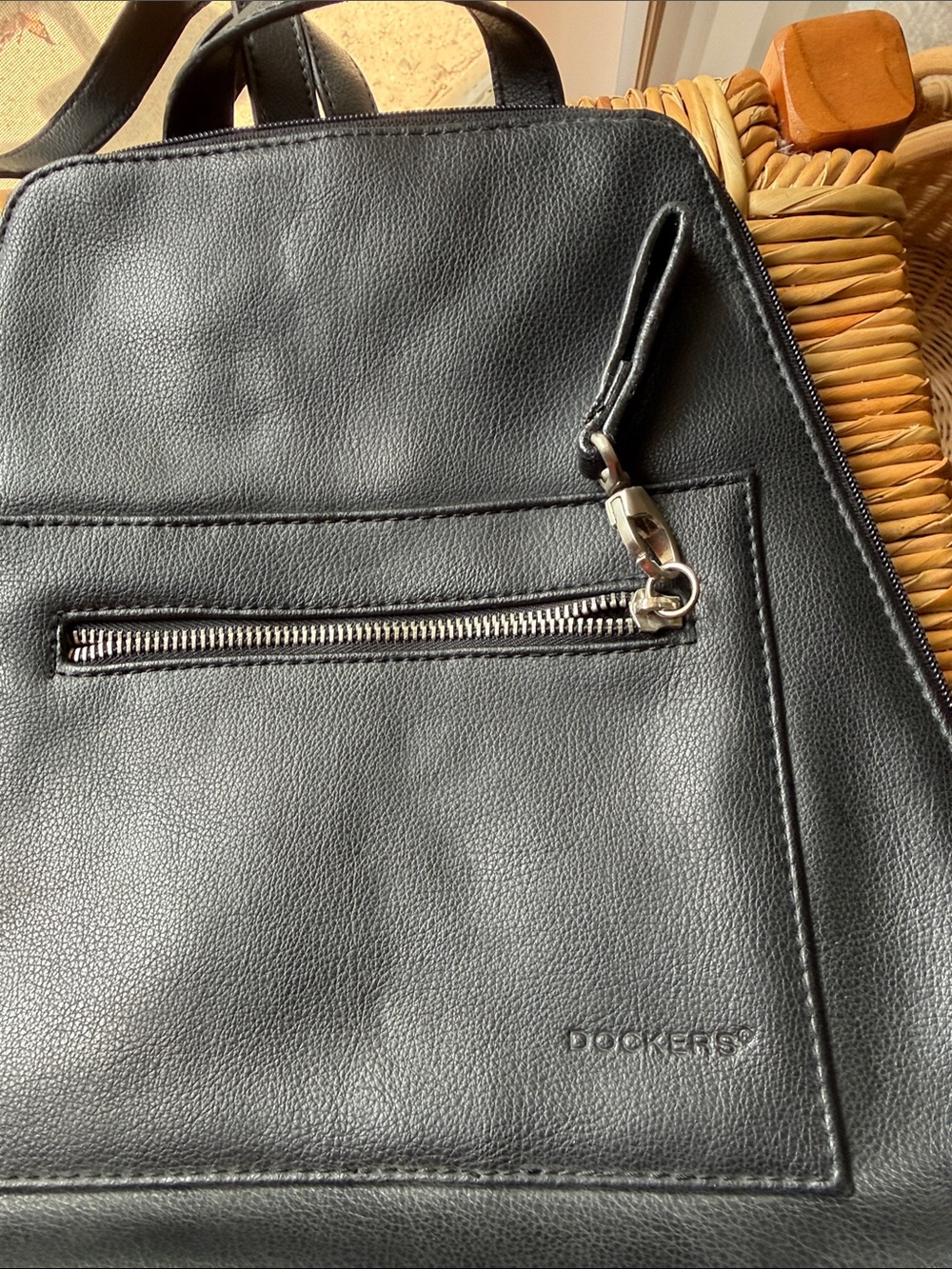 Dockers Black Faux Leather Backpack with Front Zip Pocket